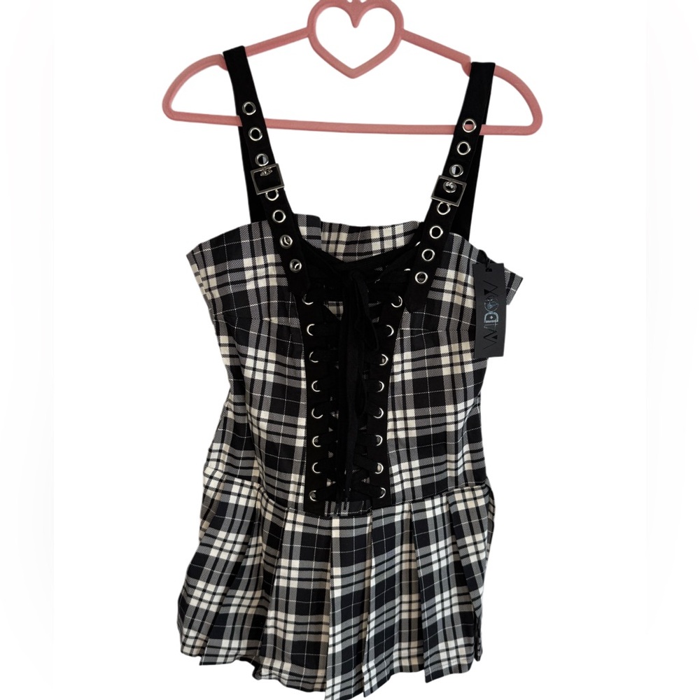 Dolls Kill Widow Black and White Plaid Eyelet Mini Dress